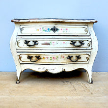Load image into Gallery viewer, French child&#39;s commode Original paint (hand painted) Age related wear to paint Has key Dimensions: Height: 10 inches, Width 14 inches, Depth: 7.75 inches
