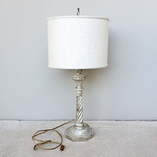 Load image into Gallery viewer, Wood lamp with silver gilt Original wiring working See all pictures for age related wear to gilt Can be purchased with or without shade (see pricing options) Dimensions: Height (with finial): 29 inches, Width (of base) 6.25 inches
