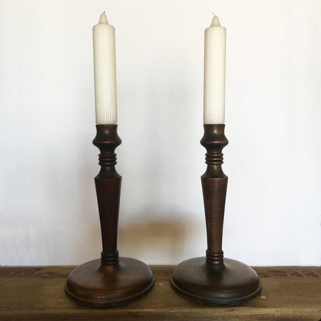 pair of english candlesticks, warm patina on turned wood candlesticks
