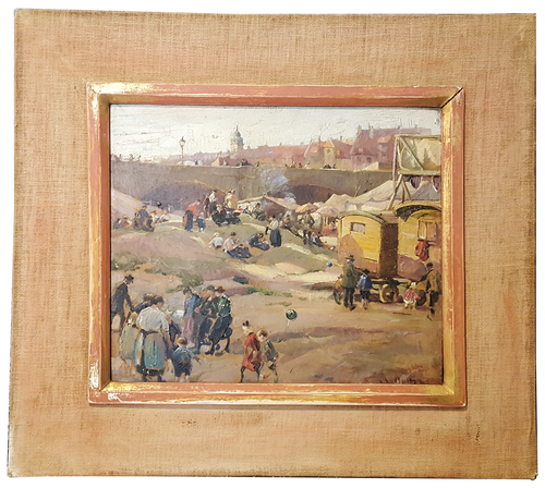 19th century french oil painting of gypsy encampment