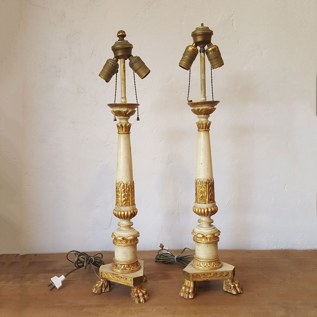 Gilt Wood Altar Candlestick Lamps