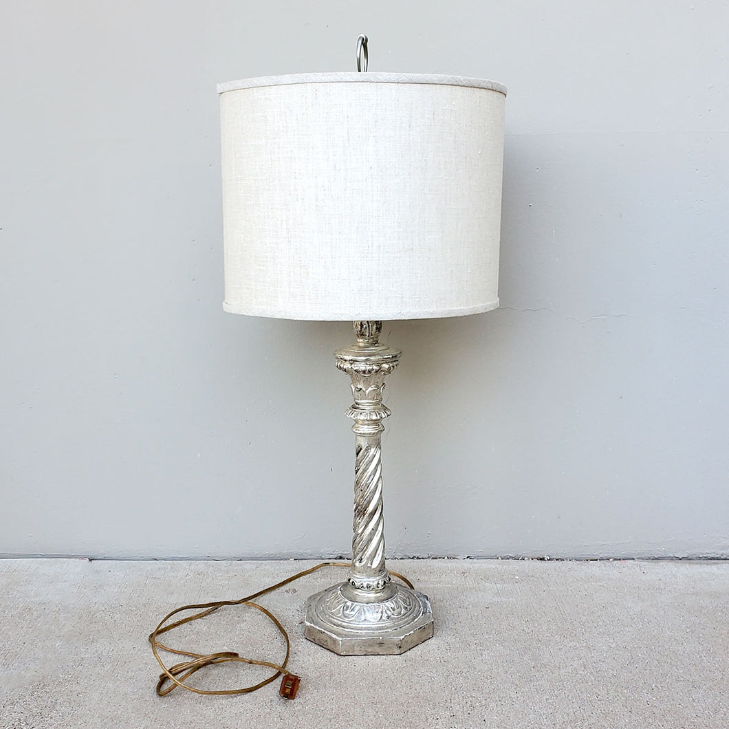 Wood lamp with silver gilt Original wiring working See all pictures for age related wear to gilt Can be purchased with or without shade (see pricing options) Dimensions: Height (with finial): 29 inches, Width (of base) 6.25 inches